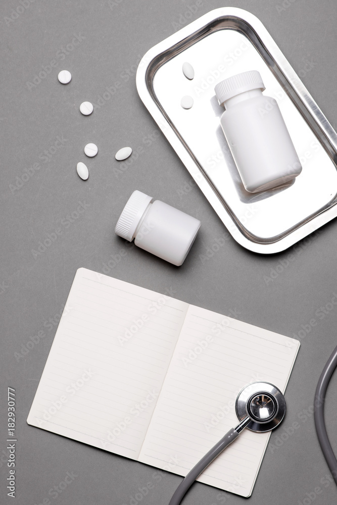 Medical concept. Stethoscope and pill. Top view. Medical concept. Stethoscope and pill. Top view.