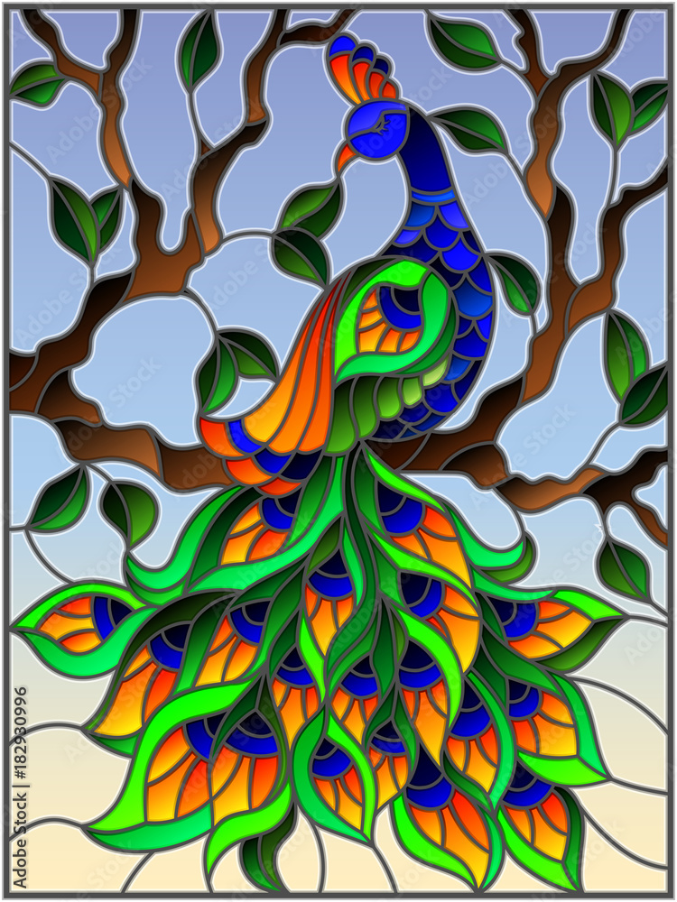 Obraz premium Illustration in stained glass style bird peacock and tree branches on background of blue sky