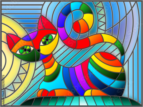 Illustration in stained glass style with abstract geometric cat