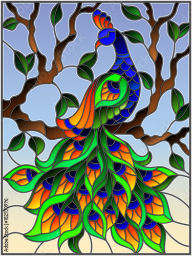 Illustration in stained glass style bird peacock and tree branches on background of blue sky