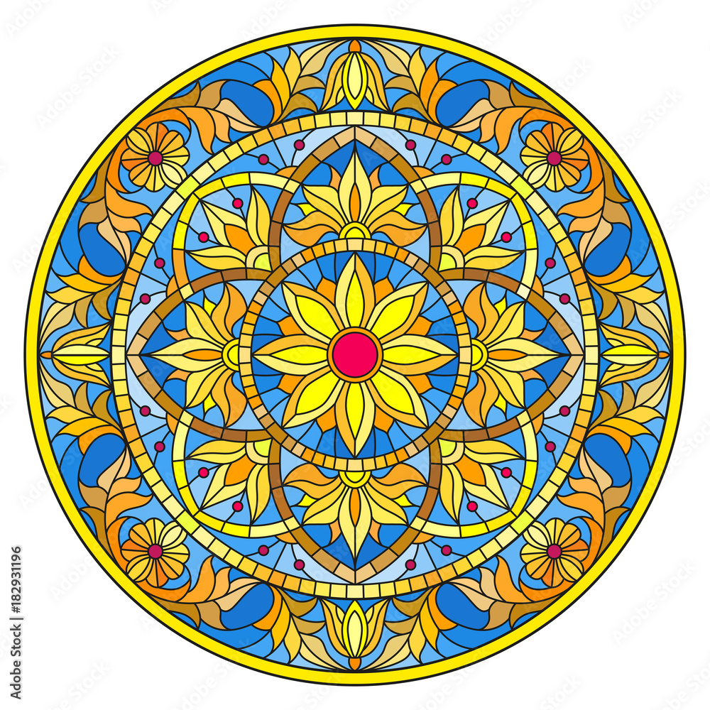 Illustration in stained glass style, round mirror image with floral ornaments and swirls