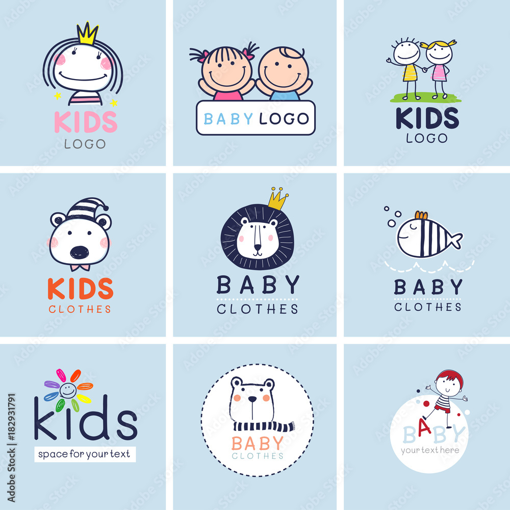 Creative signs, symbols and logo set, Brand identity for baby, kids, and child.