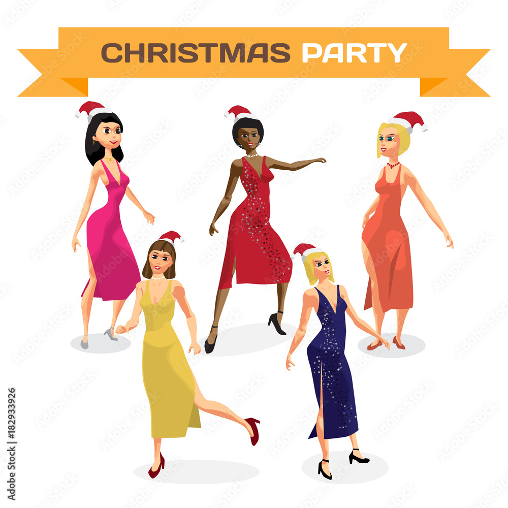 Set of beautiful sexy women dress dancing on night party. Vector