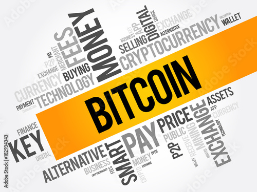 Bitcoin word cloud collage, business concept background