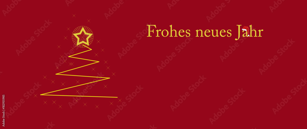 Christmas tree with star and flare on red background with the inscription heppy new year in german Frohes neues Jahr