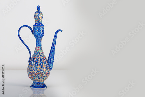 Persian Rosewater Bottle Container With Enameling (Minakari) Design handcrafted With Azure Blue Colors And Ornaments Patterns On The Surface Of Metal Isolated On White Background