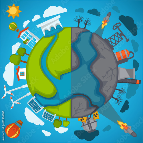 Green eco planet and environment pollution vector poster for save nature protection concept