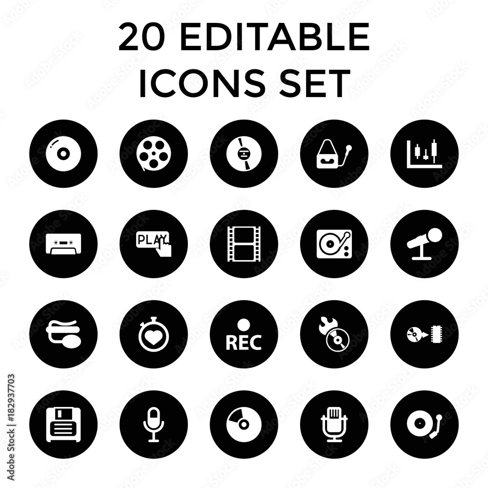 Record icons. set of 20 editable filled record icons Record icons. set of 20 editable filled record icons