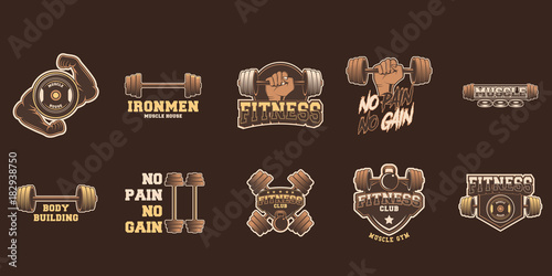 Set of gym logos, labels and slogans in vintage style