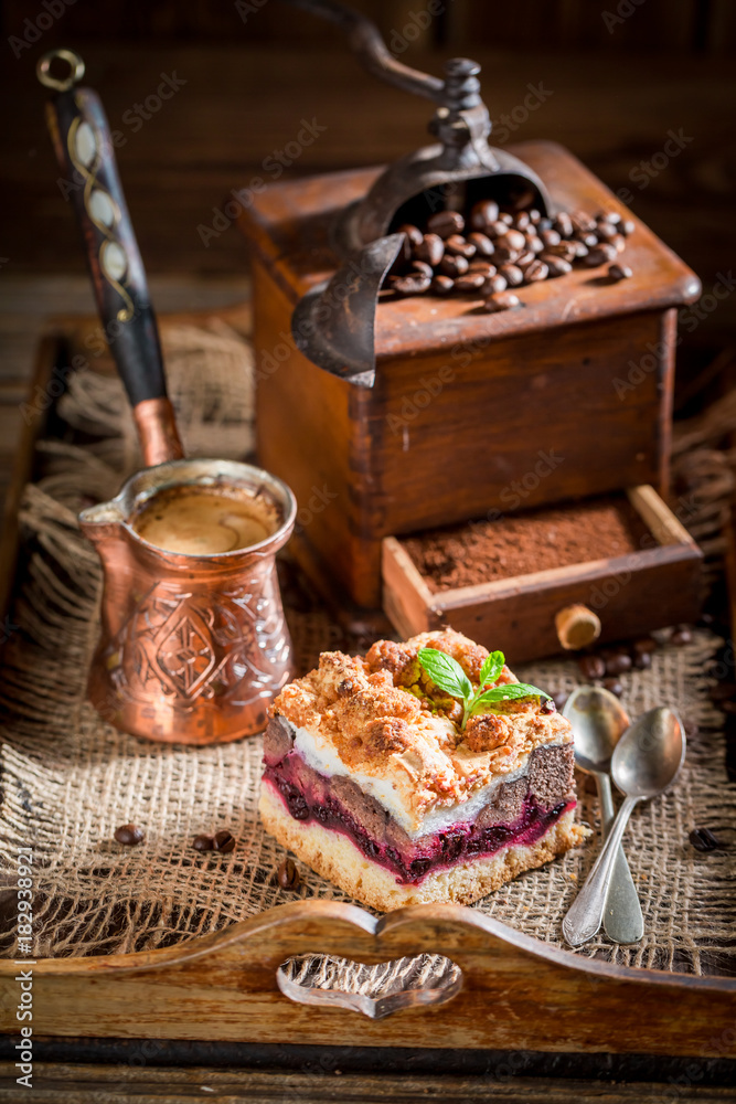 Fresh cherry pie with pot boiled coffee