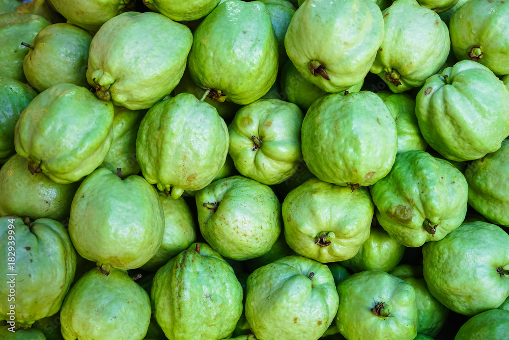 Pile of fresh light green rounded delicious organic guava fruit background selling in local market, Thailand Pile of fresh light green rounded delicious organic guava fruit background selling in local market, Thailand