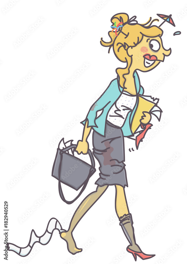 Funny vector cartoon of messy and drunk business woman or clerk after party  in Walk of Shame situation, isolated on white background Stock Vector |  Adobe Stock