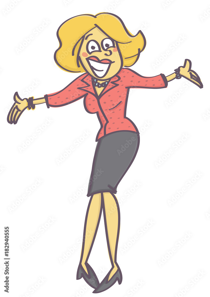 Woman in welcoming or offering pose with insincere and forced smile on her face, isolated vector cartoon with white background Woman in welcoming or offering pose with insincere and forced smile on her face, isolated vector cartoon with white background