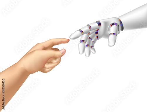 A robotic and human hands isolated. Vector illustration.