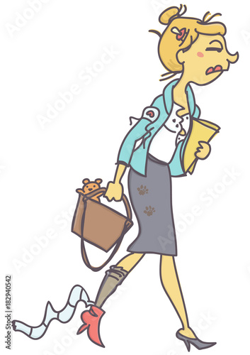 Funny vector cartoon of messy and tired young business woman or clerk, isolated on white background