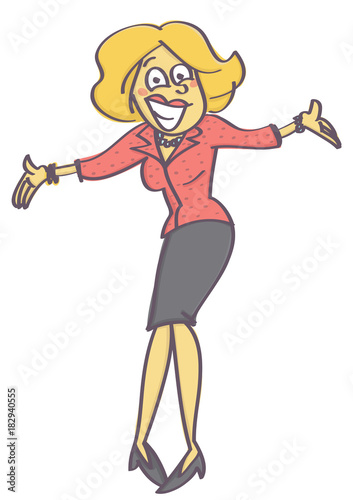 Woman in welcoming or offering pose with insincere and forced smile on her face, isolated vector cartoon with white background
