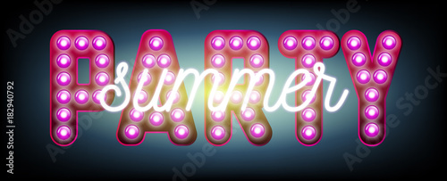 Summer lettering poster with neon effect. Vector illustration.