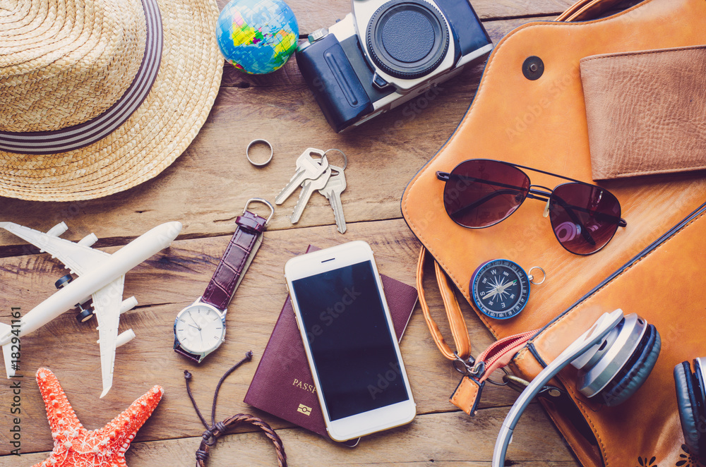 Travel accessories costumes. Passports, luggage, The cost of travel maps prepared for the trip Travel accessories costumes. Passports, luggage, The cost of travel maps prepared for the trip