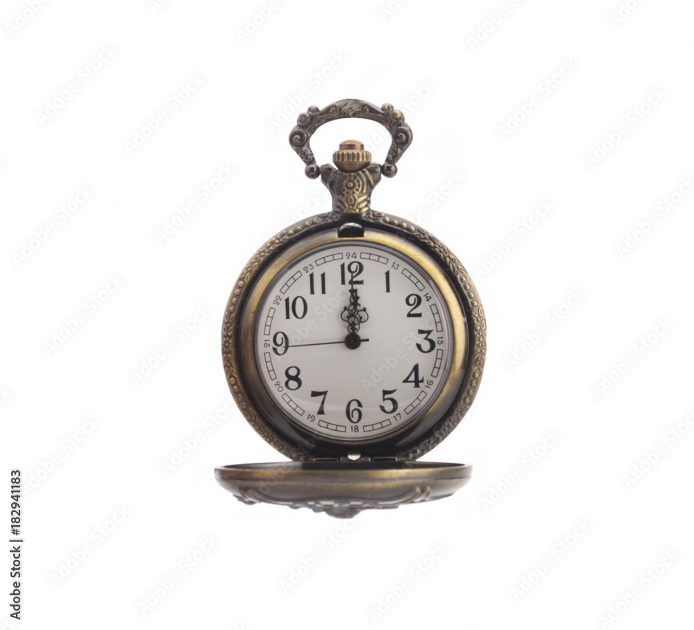 Antique bronze pocket watch showing several minutes before midnight, isolated on white background. The concept of time, past or deadline.