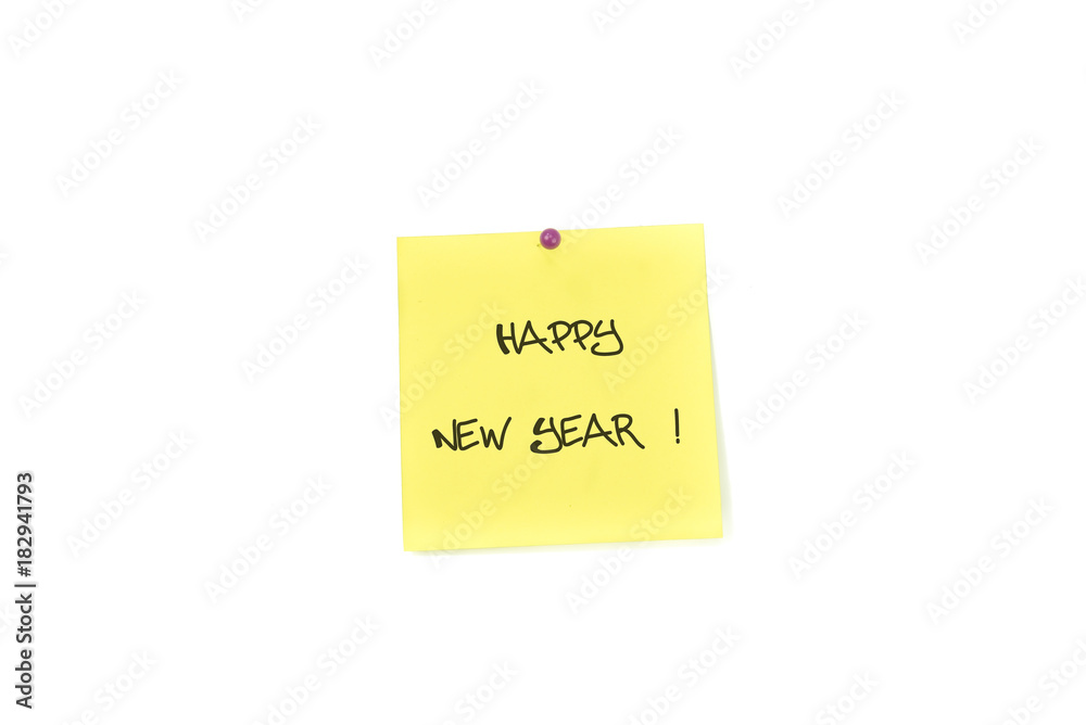 Yellow post it notes with pin : Happy new year Yellow post it notes with pin : Happy new year