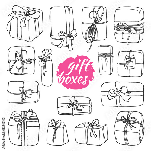 Set of gift boxes in cartoon style. Doodle vector