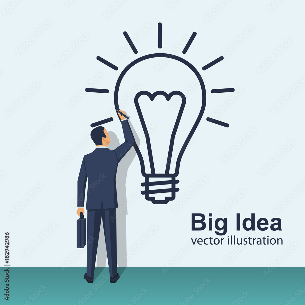 Big idea concept. Businessman draws large light bulb on wall. Symbol of new discoveries and startap. Web template. Vector illustration flat design. Isolated on background. Creative business people. Big idea concept. Businessman draws large light bulb on wall. Symbol of new discoveries and startap. Web template. Vector illustration flat design. Isolated on background. Creative business people.
