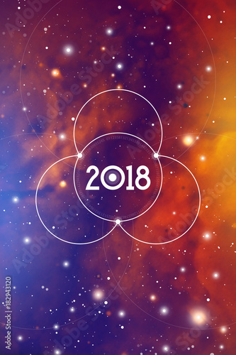 Cosmic Astrological New Year 2018 Greeting Card or Calendar Cover with Flower of Life Sacred Geometry Art and Golden Ratio Digits on Space Background.