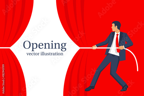 Businessman hands pull rope red cloth. Grand opening concept. Ceremony, celebration, presentation and event. Vector illustration flat design. Isolated on white background.
 photo
