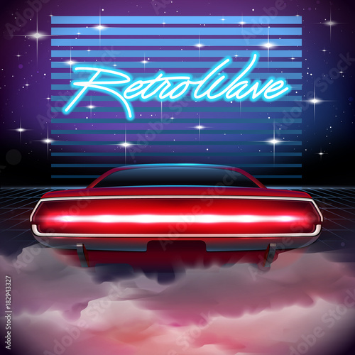 80s Retro Sci-Fi Background. Vector futuristic synth retro wave illustration in 1980s posters style. Suitable for any print design in 80s style
