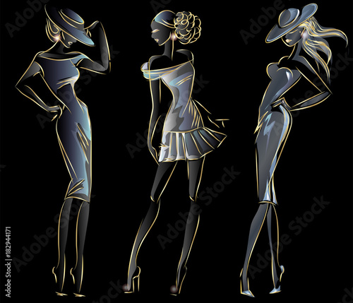 Set of gold neon fashion woman silhouette, beautiful fashion model on black background logo vector illustration