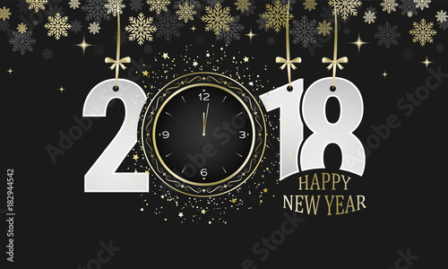 Happy New Year 2018 vector dark greeting card. Numbers with golden bows, snowflakes and clocks.
