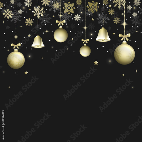 Winter Christmas vector dark background with golden bells  christmas balls and bows. Snowlakes  snow  glitter and glowing stars.