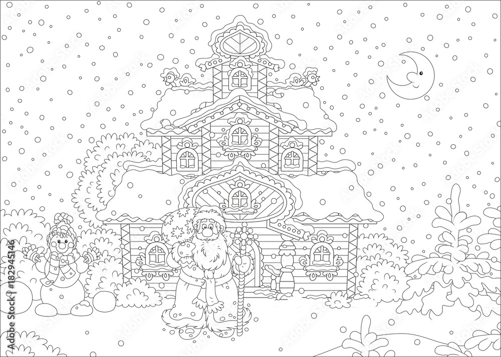 Fototapeta premium Santa Claus with a gift bag and a magical staff in front of his house