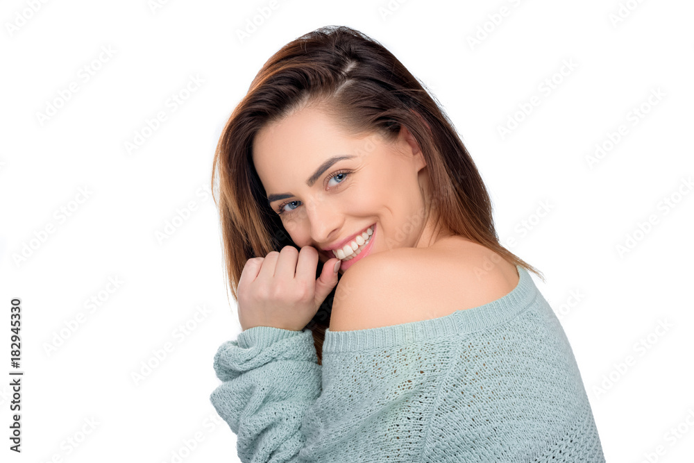 beautiful cheerful woman in sweater looking at camera, isolated on white beautiful cheerful woman in sweater looking at camera, isolated on white
