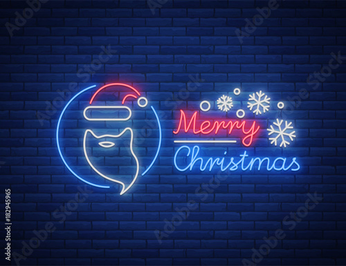 Merry Christmas text, template design letter template, cover in a neon style. Celebratory greetings bright gift poster, banner, flyer, vector illustration