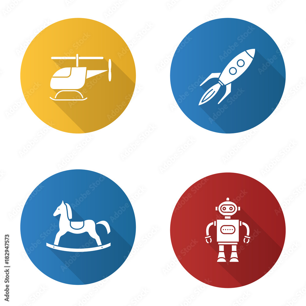 Kids toys flat design long shadow glyph icons set Kids toys flat design long shadow glyph icons set
