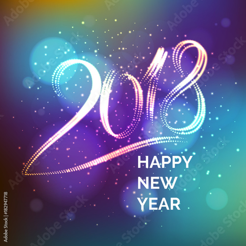 Happy New year 2018. Bright poster with an inscription and a snowy background.