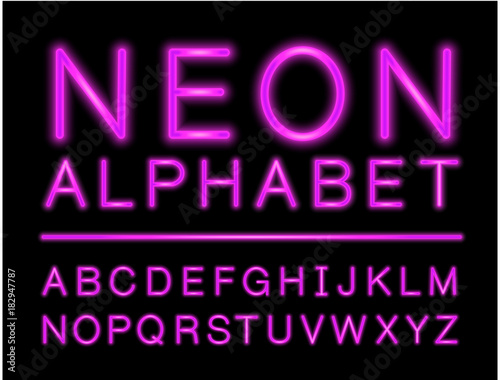 Violet neon alphabet with complete letters set with LED effect