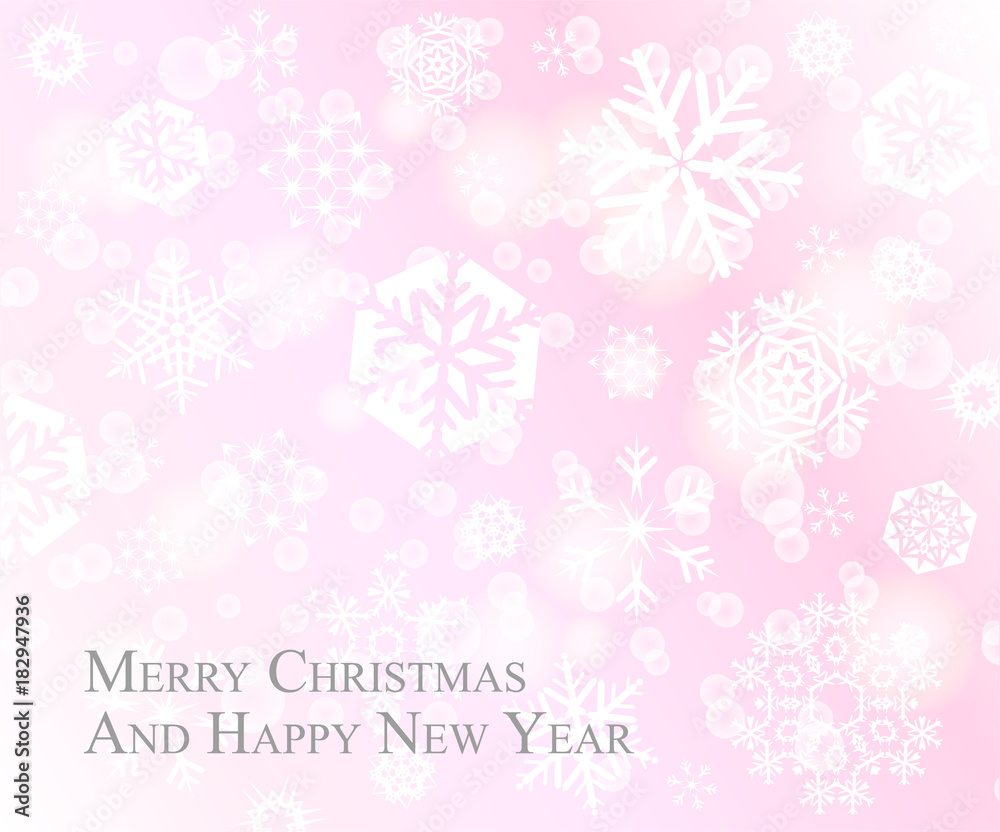 Tender Christmas postcard with white snowflakes on pink rose background