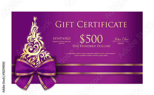 Luxury Christmas gift certificate with purple ribbon and ornmament Christmas tree
