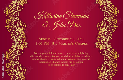 Red wedding invitation with golden floral borders