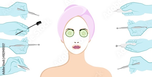 Young beautiful girl with mask on face. Beauty skincare and cosmetology. Beauty and freshness of the woman face vector illustration.