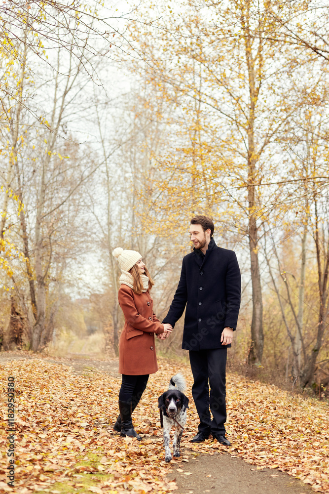 Couple walking with dog in the Park and hugging. Autumn walk men and women with a dog. Romance and love on an autumn landscape Couple walking with dog in the Park and hugging. Autumn walk men and women with a dog. Romance and love on an autumn landscape