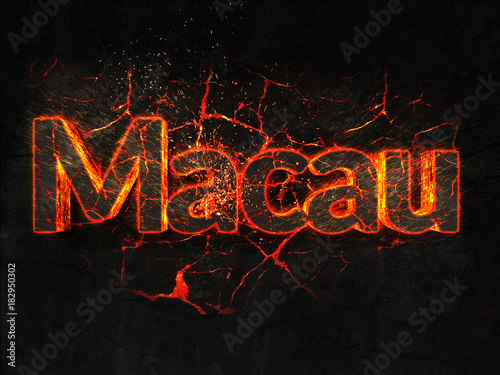 Macau Fire text flame burning hot lava explosion background.