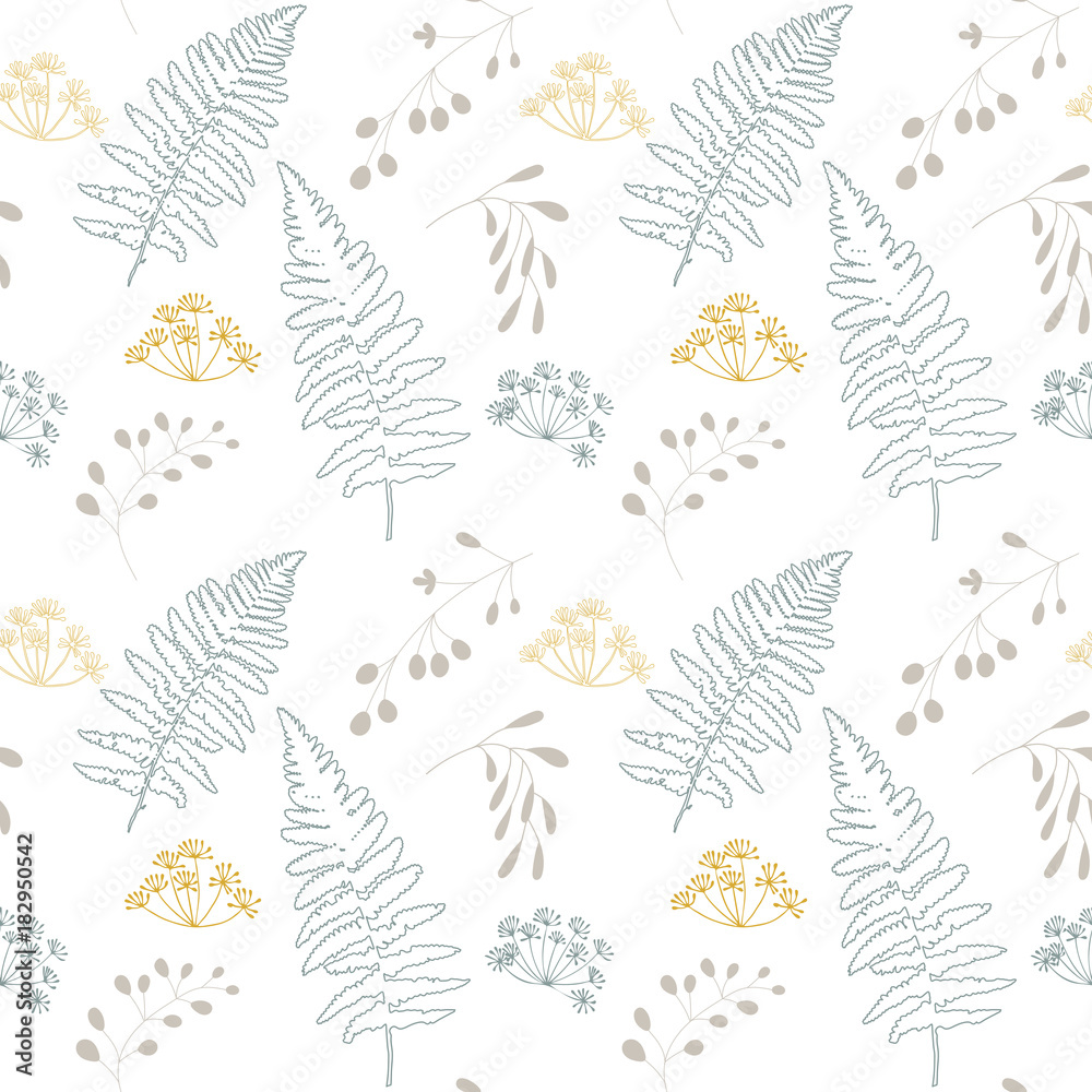 Vector botanical seamless pattern with stylized berries, fern leaves and dill flowers. Vector botanical seamless pattern with stylized berries, fern leaves and dill flowers.