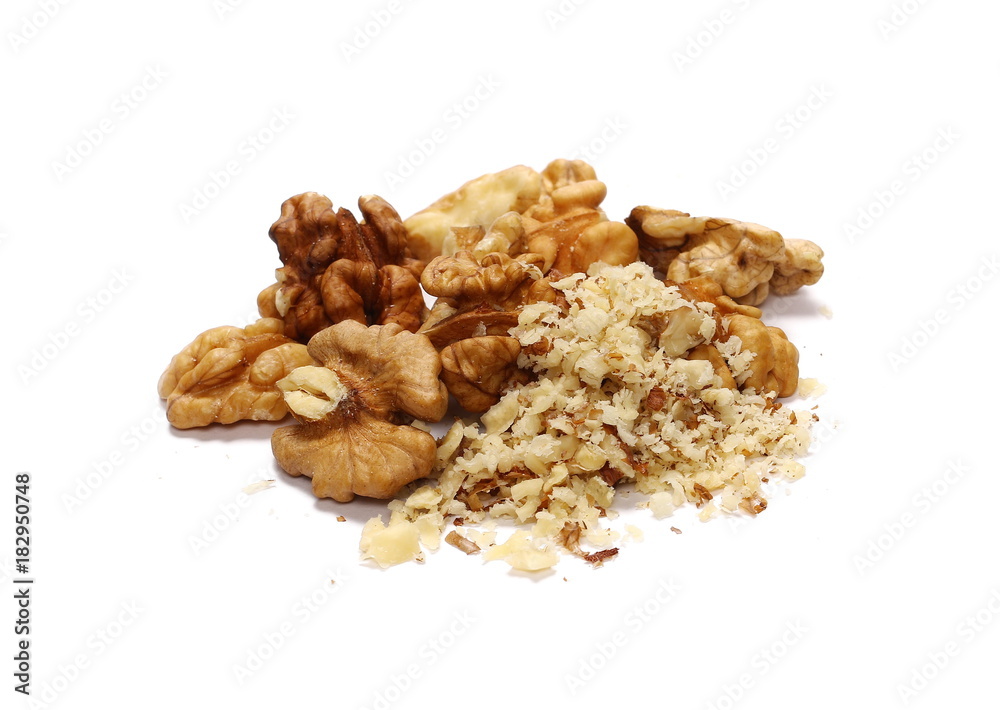 Walnut kernels, pile isolated on white background