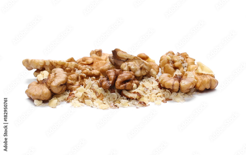 Walnut kernels, pile isolated on white background Walnut kernels, pile isolated on white background