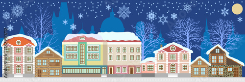 Festive Christmas decoration. Winter panorama of the old historical town.