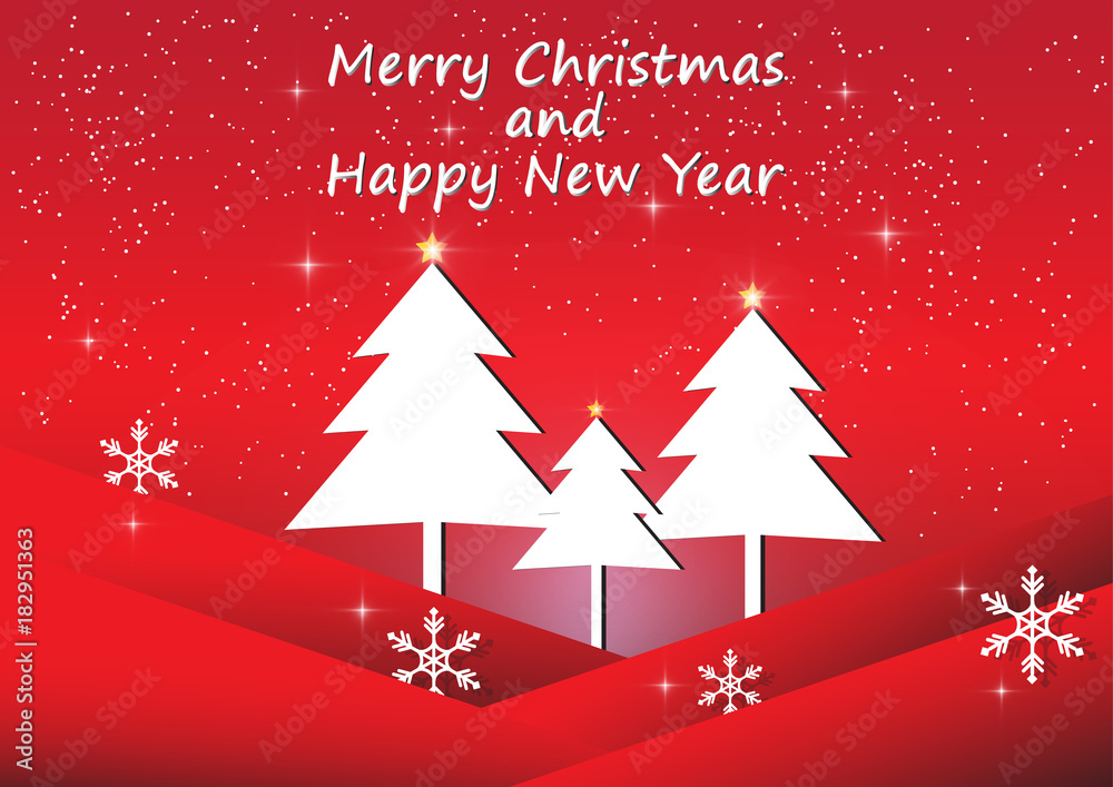 White Christmas tree with snow and snowflakes on red background. Christmas and Happy New Year concept vector illustration