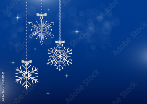 Silver snowflakes hanging with stars and blurred bokeh on blue background, Christmas concept vector illustration